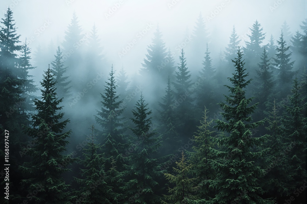 Poster misty evergreen forest with tall trees surrounded by dense fog, creating a serene and mysterious atm