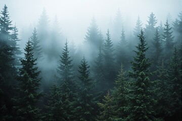 Misty evergreen forest with tall trees surrounded by dense fog, creating a serene and mysterious atmosphere. Nature's tranquility concept. Ai generative