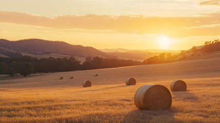 Golden Hay Bales at Sunset in Rolling Hills