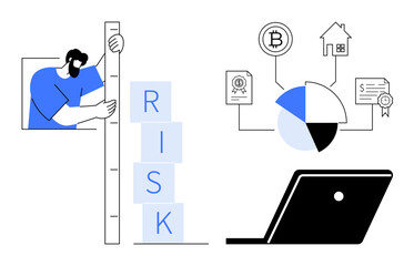 Man measuring risk blocks with ruler, laptop displaying pie chart. Ideal for financial analysis, investment strategy, risk management, cryptocurrency trends, market research, data insights, economic