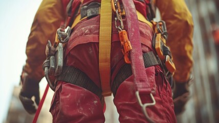 Construction Worker Wearing Safety Harness, Commitment to Job Safety, Industrial Safety Gear, Construction Site Safety, Workplace Safety Practices, High-Rise Construction, Fall Protection Equipment