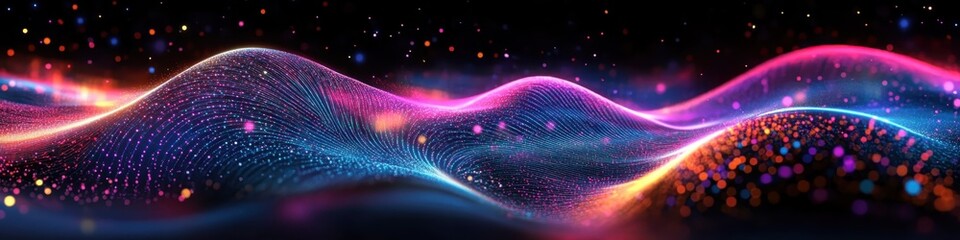 Abstract waves, neon colors, vibrant energy, cosmic landscape, starry background, fluid motion, dynamic curves, glowing ribbons, surreal horizon, futuristic design, colorful aurora, digital art, seaml