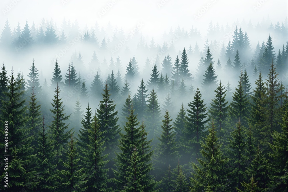 Poster dense forest of pine trees surrounded by soft mist, creating a serene natural atmosphere. realistic 