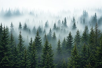 Fototapeta premium Dense forest of pine trees surrounded by soft mist, creating a serene natural atmosphere. Realistic graphic style on a light gradient background. Concept of nature's tranquility. Ai generative