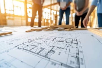 Construction Workers Collaborate on a Blueprint, Reviewing Plans and Discussing Project Details on a Building Site, Ensuring Accuracy and Efficiency During the Construction Process