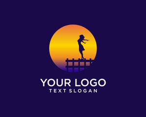 Moon and woman silhouette logo on the beach
