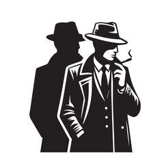 A man in a hat and a suit is standing in front of a vector silhouette