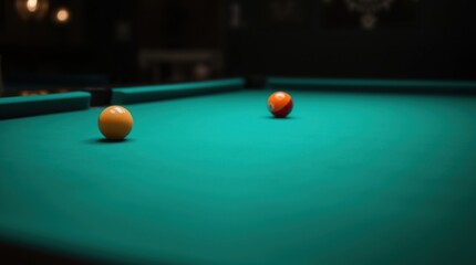Billiard table with two balls under soft atmospheric lighting