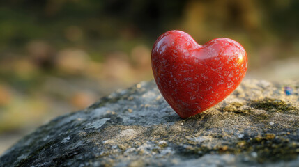Obraz premium shiny red heart shaped object rests on textured stone surface, symbolizing love and affection in serene natural setting
