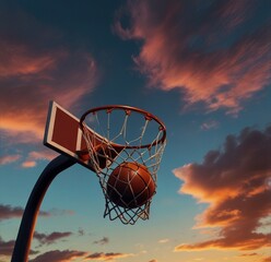 Naklejka premium A basketball gracefully arcs towards a hoop against a vibrant sky, capturing the essence of the sport and the excitement of the game. Generative Ai.