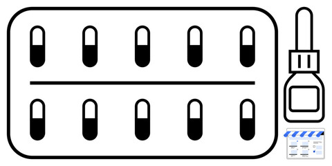 Fototapeta premium Blister pack containing capsules, dropper bottle. Ideal for healthcare, pharmaceuticals, medication, prescription drugs, medical treatment, pharmacy patient care. Black and white abstract line flat