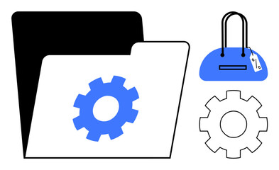 Folder with gear symbol, handbag with price tag, and additional gear component. Ideal for themes of organization, security, data management, retail, settings, maintenance and business solutions