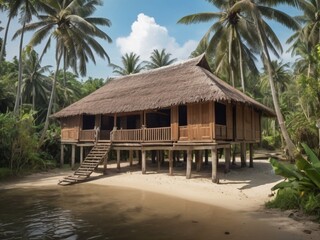 A traditional kampung house with a stilted design, surrounded by coconut tress