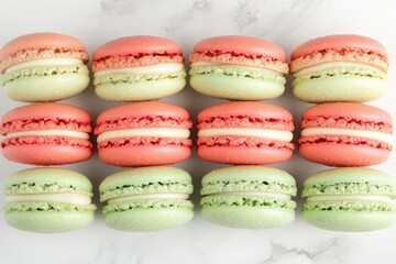 Fototapeta premium Twelve pastel-colored macarons, six pink and six green, arranged neatly on a marble surface.