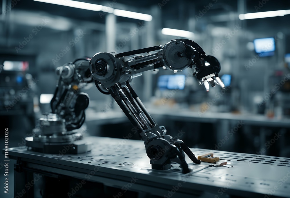 Poster cutting robotic high arm laboratory artificial advanced showcasing edge. tech intelligence