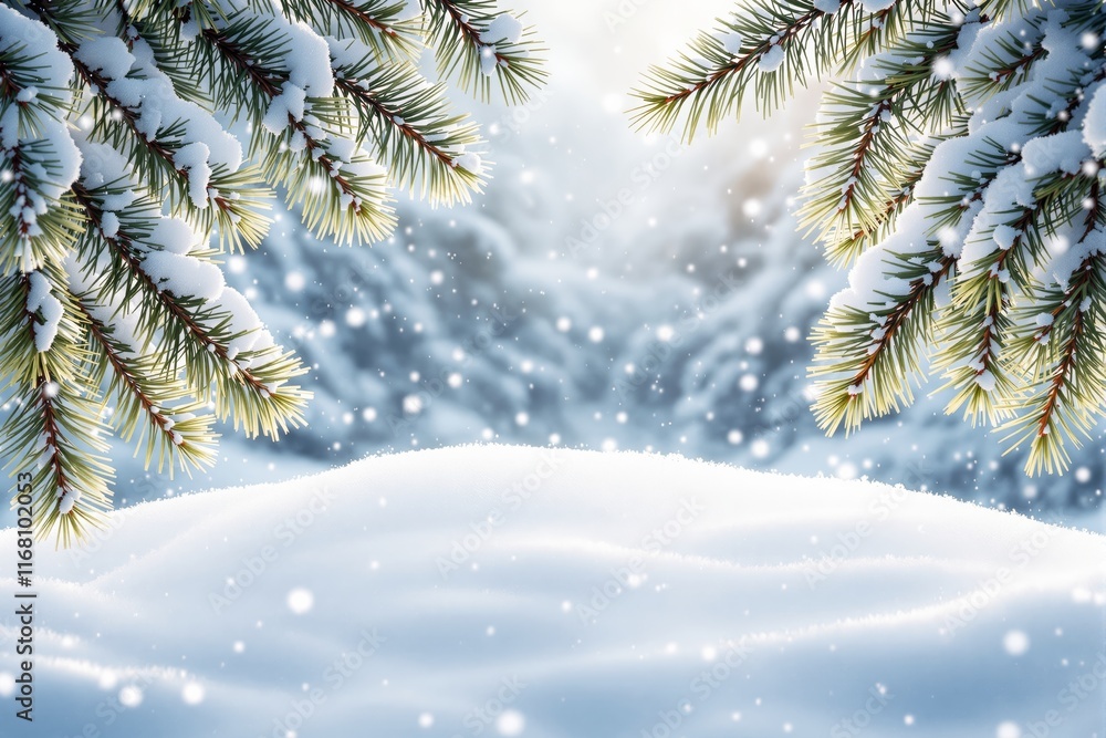 Poster snow-covered pine branches with a snowy background and gentle falling snowflakes, creating a tranqui