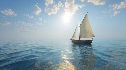 Fototapeta premium Sailboat on Calm Ocean Under Sunny Sky