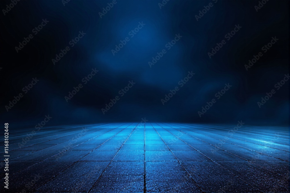 Poster illuminated tile floor in glowing blue light, with a gradient atmospheric background. a futuristic c