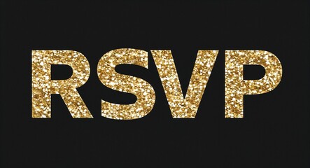 rsvp white text lettering on plain black background with gold glitters