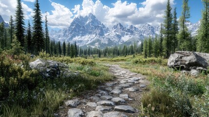 Obraz premium Serene mountain landscape with a winding stone path and lush greenery.