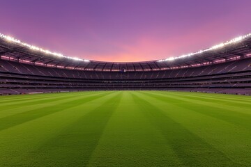 Expansive View of Stadium Field at Dusk with Vibrant Sky Colors