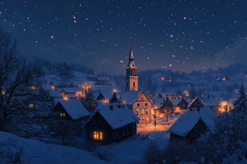 A picturesque snow-covered village at night, illuminated by warm lights under a starry sky.
