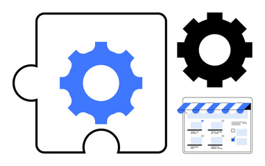 Puzzle piece with blue gear, black gear, and online store interface. Ideal for themes thumbs up technology, e-commerce, business solutions, website integration, digital commerce, innovation