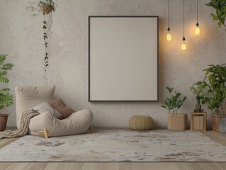 Soft-lit Scandinavian interior with cozy podium and blank frame.