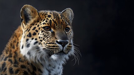 Obraz premium A close-up of a majestic leopard showcasing its striking features and unique spots against a dark background.