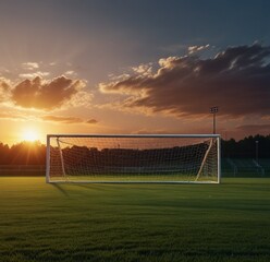 Fototapeta premium Bright Sunset Over a Soccer Field with Goalposts and Illuminated Background Featuring Clear Sky and Lush Green Grass in a Calm Environment Generative Ai.