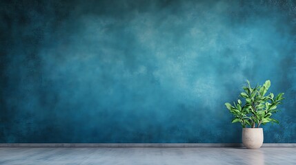 Blue wall in an empty room with concrete floor and soft blurred surroundings for a serene look 