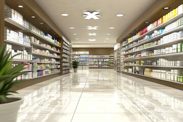 A modern pharmacy interior with neatly organized shelves of products and a clean, polished floor, creating a spacious and inviting atmosphere.