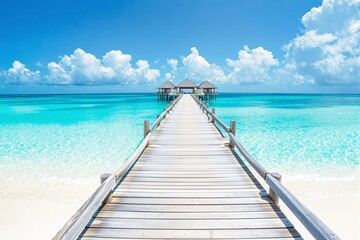 Obraz premium Wooden pier leading to overwater huts, stretching over turquoise waters under a bright sky with fluffy clouds. Tropical travel and serenity concept. Ai generative