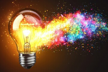 A vibrant light bulb emits colorful sparks, symbolizing creativity and innovative ideas bursting forth in a dynamic display.
