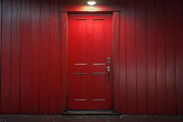 A vibrant red door illuminated by a warm light, set against a textured wooden wall, creating a striking focal point.