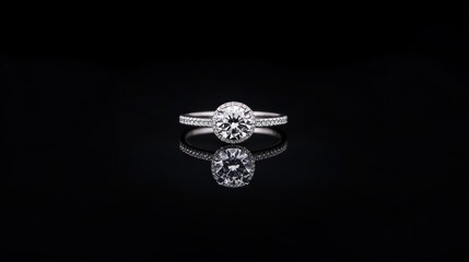 Elegant diamond ring displayed on glossy black surface jewelry photography luxurious environment close-up perspective