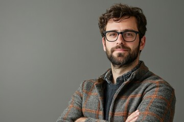 Obraz premium Confident Young Man with Glasses in Casual Attire Posing Against a Neutral Background