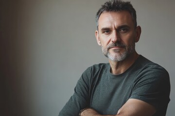 Obraz premium Confident Middle-Aged Man with Beard Posing Thoughtfully in Natural Light