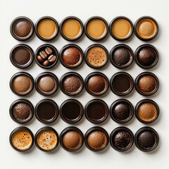 Aesthetic Arrangement of Coffee Cups Showing Various Brewed Coffee Textures, Colors, and Patterns on White Background