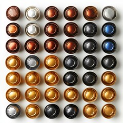 Circular Metallic Caps Arranged in a Grid Pattern Showcasing Various Colors and Textures for Creative Projects