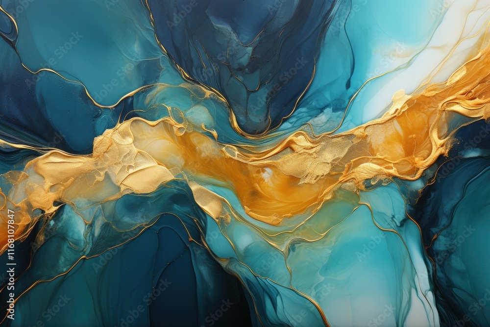 Poster abstract turquoise and teal alcohol ink artwork with golden details creating fluid background textur