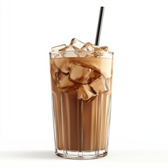 Refreshing iced beverage in a tall glass filled with ice cubes and a straw on a clean white background
