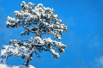 A snow-laden pine tree stands tall against a vibrant blue winter sky, a picturesque scene.
