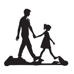 A man and a girl are holding hands and walking on a mat