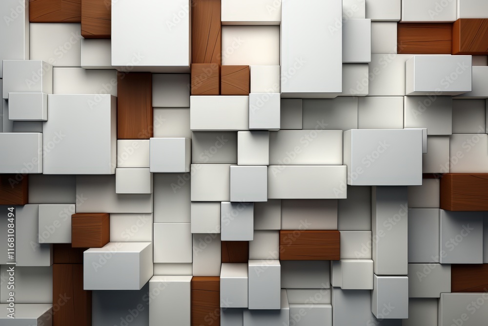 Poster neatly organized 3d blocks in various sizes and colors to form a textured wall surface with wood acc
