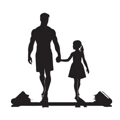 A man and a girl are holding hands and walking on a mat