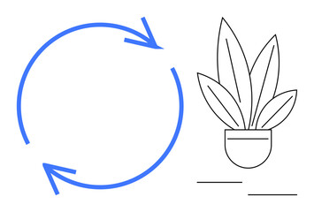 Circular blue arrow illustrating cycle beside a minimalist line art potted plant with multiple leaves. Ideal for concepts thumbs up growth, renewal, sustainability, continuous improvement, natural
