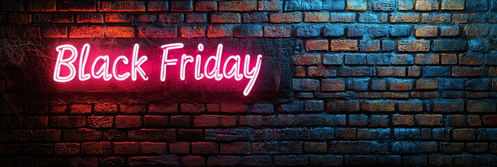 Fototapeta premium Black Friday neon sign on dark brick wall, creating vibrant shopping atmosphere. Perfect for promotions and sales events