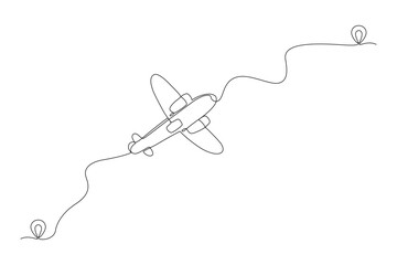 Fast airplane drawn with continuous line in minimalism, flight, aircraft, journey, destination, route, one line, editable vector contour