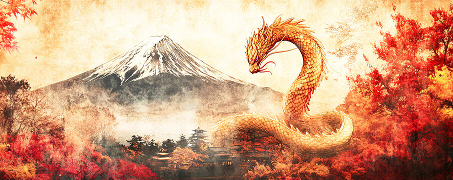 Artistic image of a golden serpent slinking gracefully around Mount Fuji.